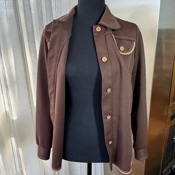 Vintage 80s jacket, chocolate brown blazer, yellow decorative stitches, 6 (S/M) - Picture 9 of 10